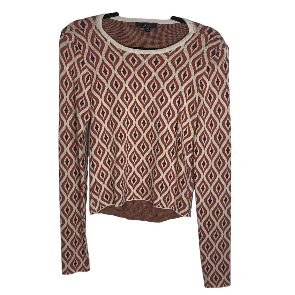 Lulus Geo Knit Sweater Crop Top Small Rust Cream Long Sleeve Boho Retro